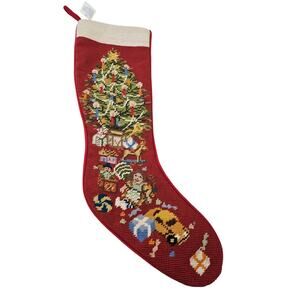 Deadstock Vintage 80s Needlepoint Christmas Stocking Tree Traditional Wool Red
